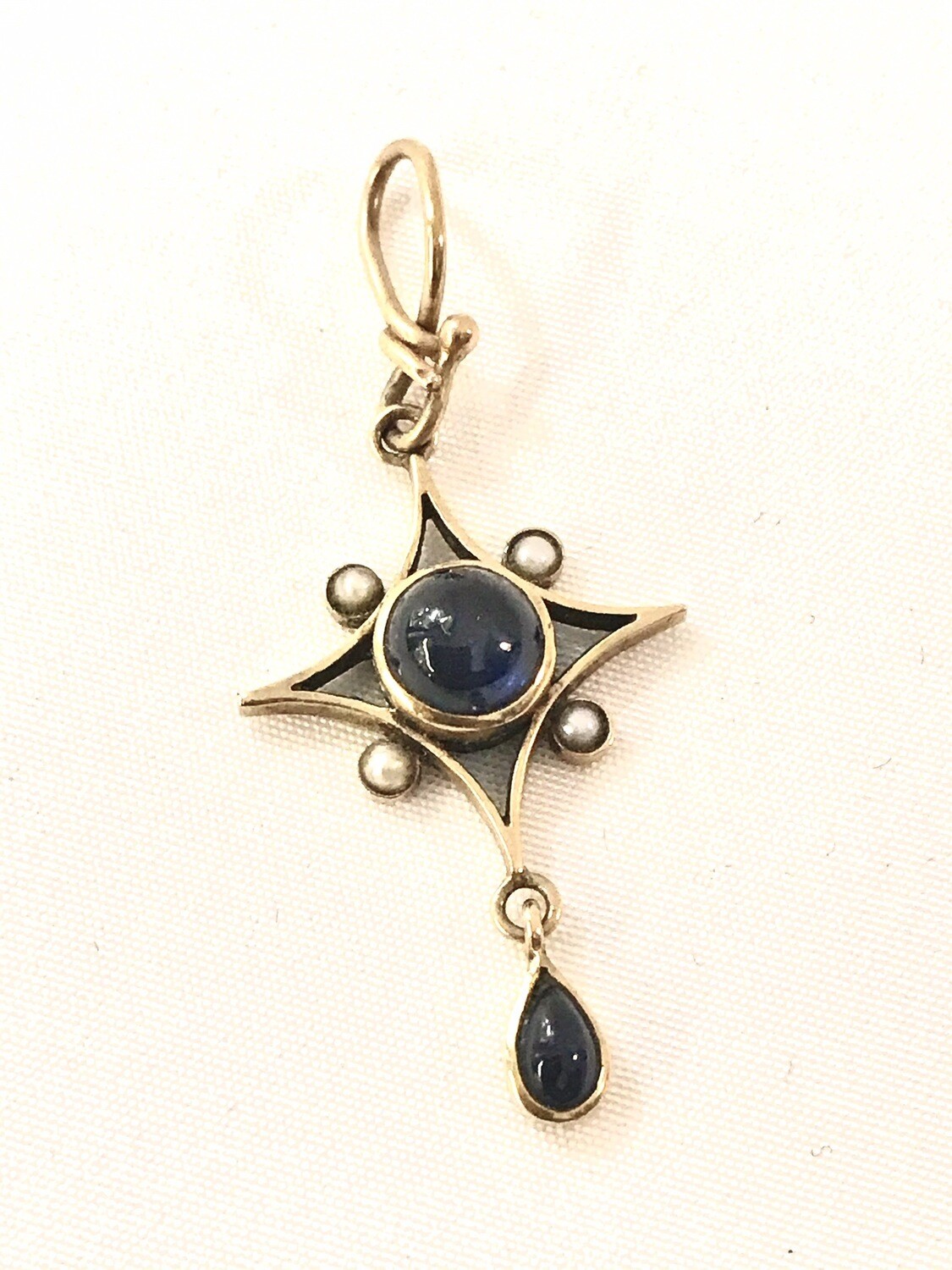 Anhänger 375 Gold Saphir Cabochon Perlen Jugendstil, Art Deco, 9 ct gold pendant set with cabochon sapphires and pearl