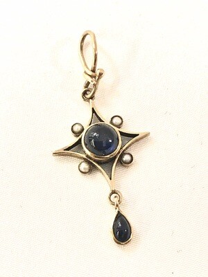 Anhänger 375 Gold Saphir Cabochon Perlen Jugendstil, Art Deco, 9 ct gold pendant set with cabochon sapphires and pearl