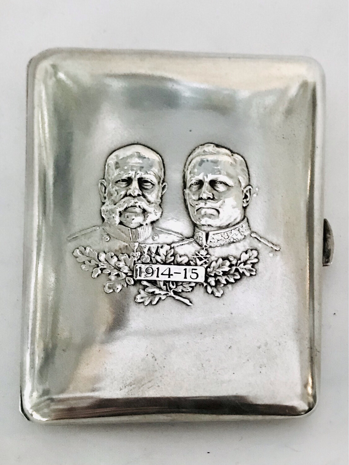 Silber Zigarettenetui mit Portraits von Kaiser Franz Josef I von Österreich und Kaiser Wilhelm II von Deutschland 1914/15 Habsburg Lothringen