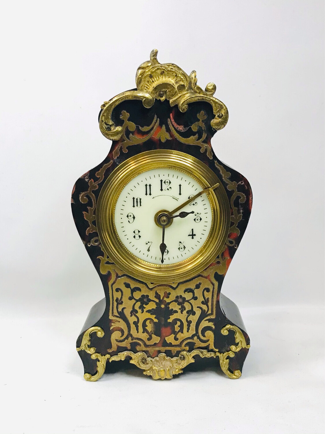Antiker alter Wecker Tischuhr 19. Jahrhundert im ‘Boule’ Stil mechanisches Uhrwerk Holz mit Messing Einlegearbeit, old antique alarm clock