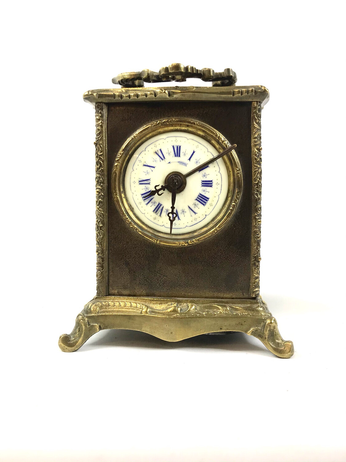 Antiker Bronze Wecker Stil carriage clock Email Zifferblatt blaue römische Ziffern Uhrwerk mit Unruhe 1Tag um 1890 , old antique alarm clock