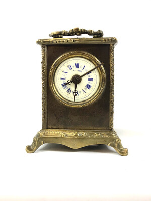 Antiker Bronze Wecker Stil carriage clock Email Zifferblatt blaue römische Ziffern Uhrwerk mit Unruhe 1Tag um 1890 , old antique alarm clock