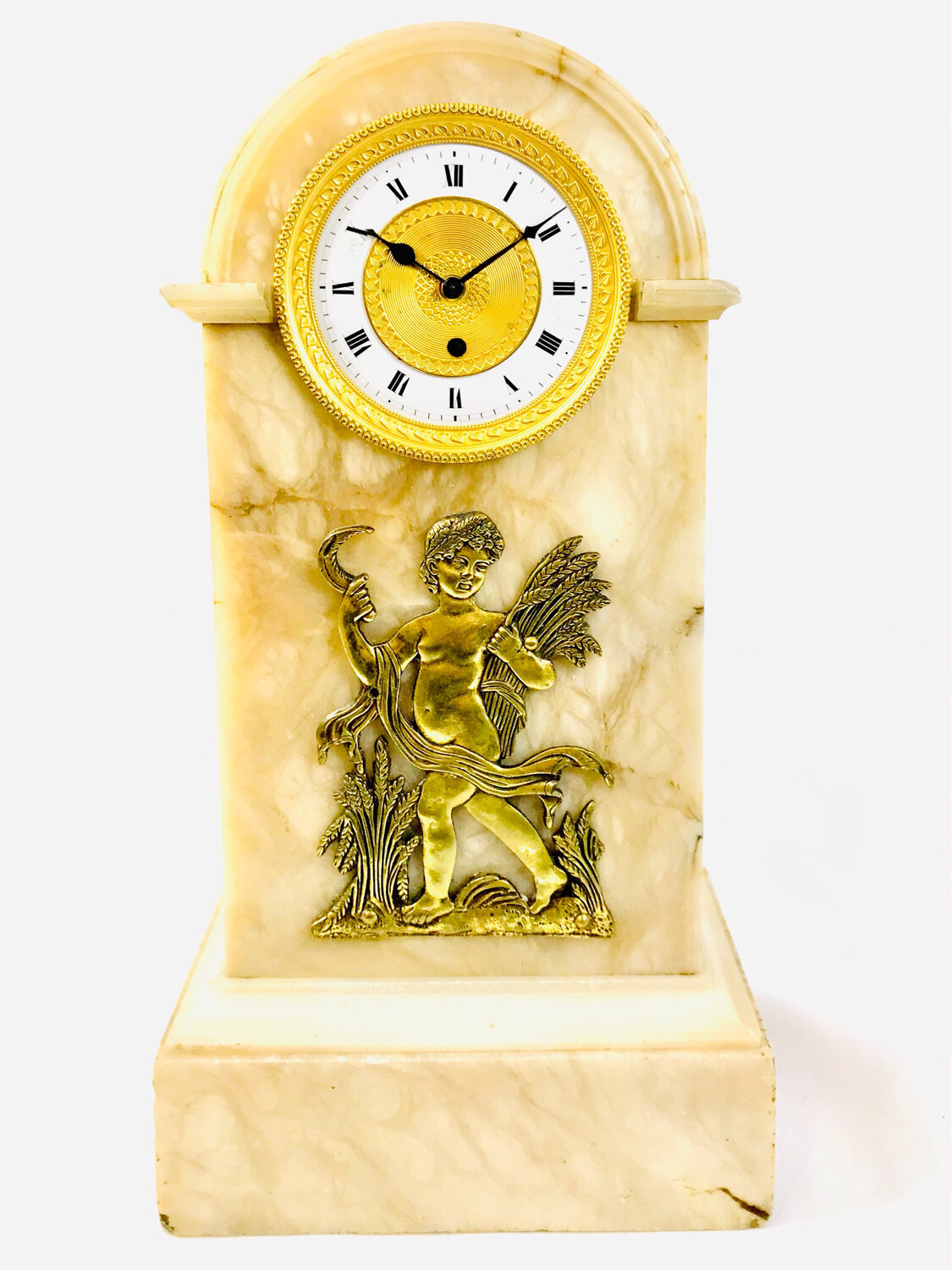 small  antique early german mantle clock in marble case with ormolu bezel round a enameled dial, verge movement,