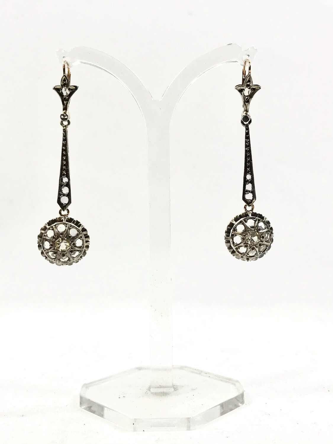 Lange Diamantrosen Ohrringe Belgien um 1920 Gold und Silber, long gold and silver Art Deco earrings with rose diamonds Belgian