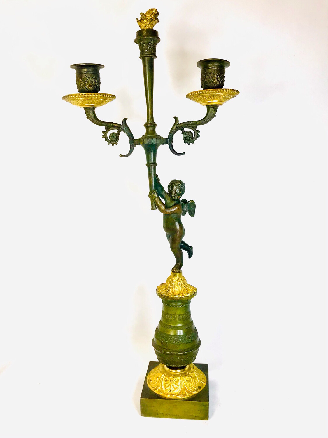 Antiker Bronze feuervergoldet Kandelaber Frankreich um 1820 Empire Engel ,