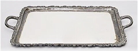 Large solid 925 sterling silver tray with handles, German Schwäbisch Gmünd, edge with flowers and rocaille relief ca.1910, perfect condition protected by a glass specially made to protect the surface 