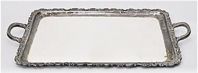 Large solid 925 sterling silver tray with handles, German Schwäbisch Gmünd, edge with flowers and rocaille relief ca.1910, perfect condition protected by a glass specially made to protect the surface 