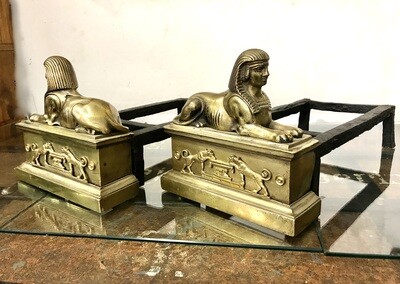 antique 18th century firedogs andirons bronze metal Napoleon georgian, sphinx ca.1800 