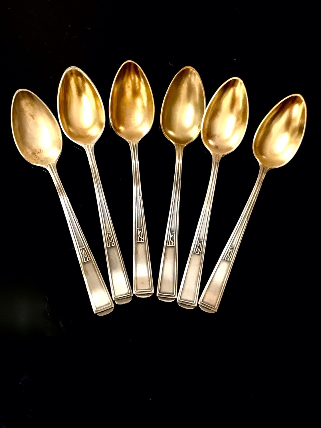 Mocca spoons 6 spoons silver-plated, part gold-plated, designer Joseph Olbrich Darmstadt model 2000 Germany for Clarfeld &amp; Springmeyer, Art Nouveau Secession 1901