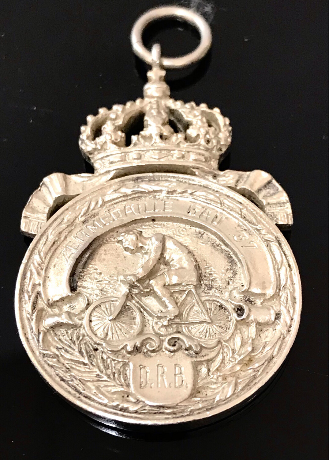 Badge silver medal price bicycle race Germany cycling 1905 with crown, Kaiser Wilhelm II, Weser-Ems, time medal Gau 37
