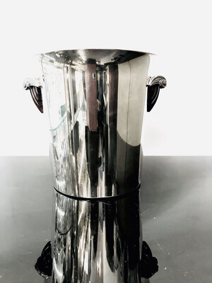Champagne cooler, champagne cooler, Art Deco silver-plated metal with Bakelite handles on the sides, rare version, France, Brand « Gelb », exceptional design