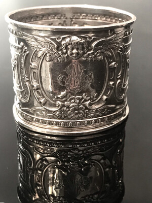 Serviettenring Silber Frankreich um 1900 aufwendiges Design mit Engel, antique silver napkin ring