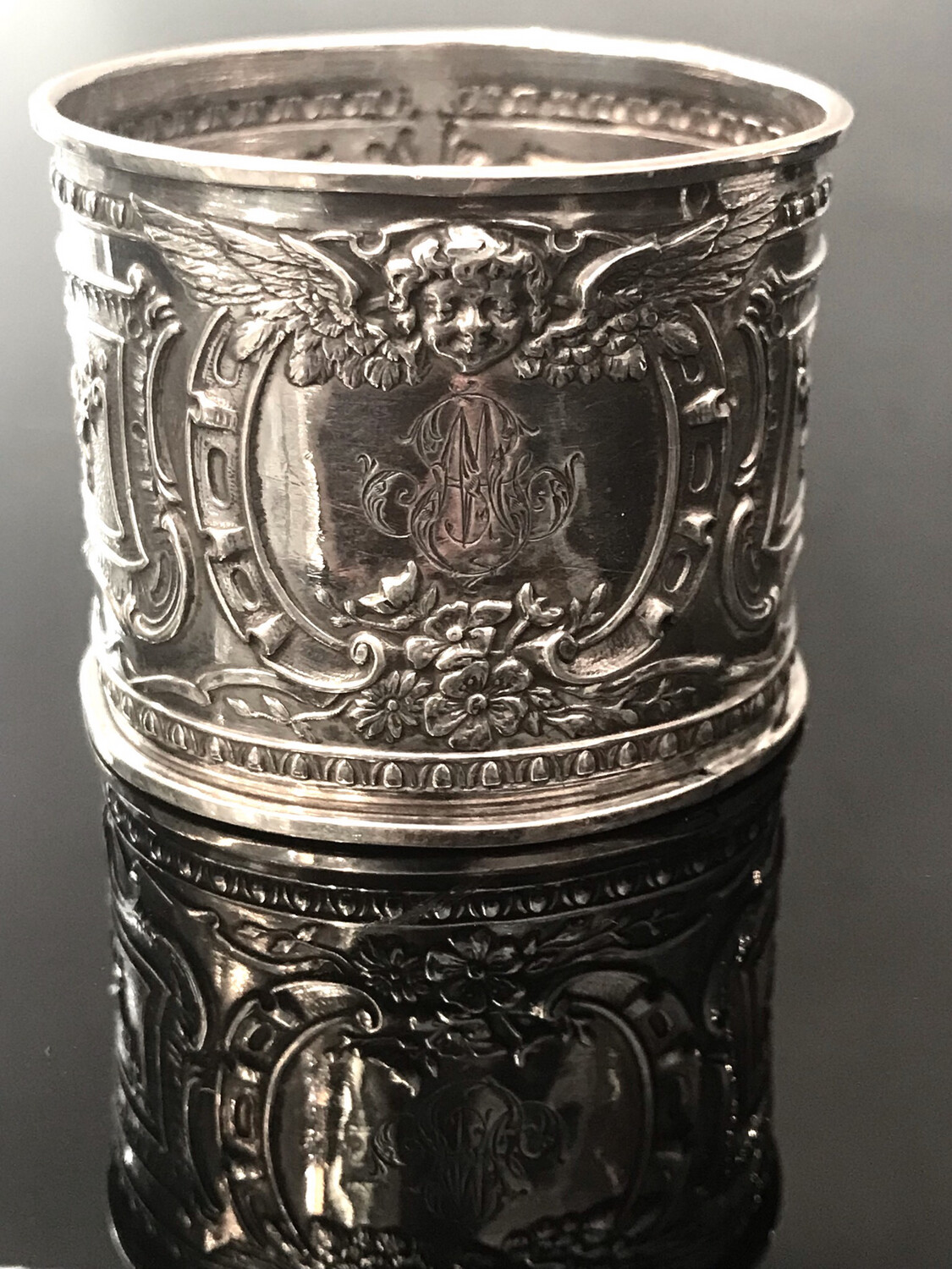 Serviettenring Silber Frankreich um 1900 aufwendiges Design mit Engel, antique silver napkin ring