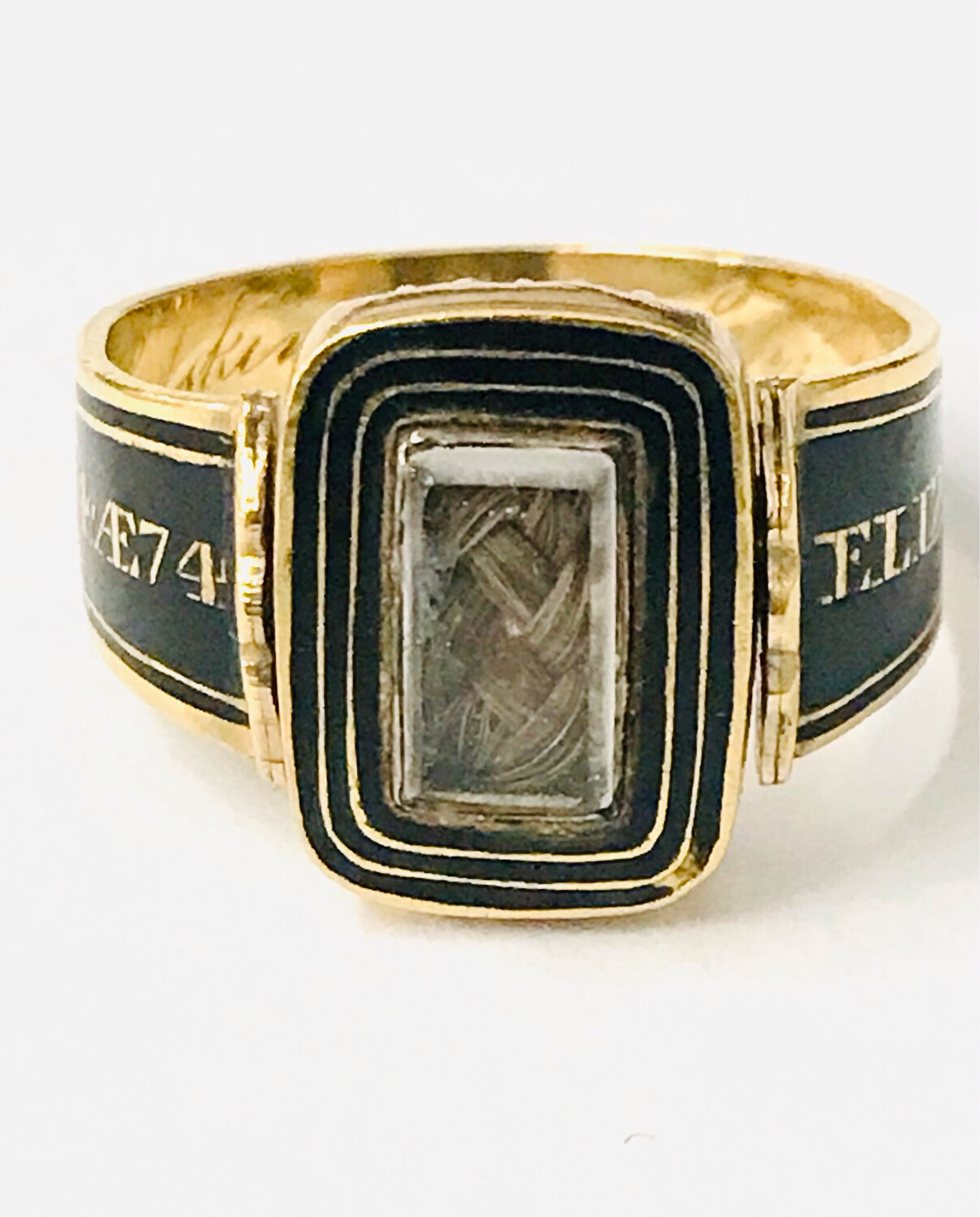 Ring Trauerring Haarring 750 Gold Onyx Email um 1814 England drehbar , english 18 ct gold memorial swivel ring with hair , black enamel, onyx Georgian