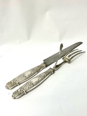 Tranchierbesteck Jugendstil um 1900 Silberauflage mit plastischen Mohnblumen dekoriert, art nouveau silver plated carving set decorated with poppies