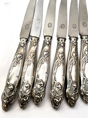 Messer 9 Stück Jugendstil um 1900 „Boulenger“ versilbert mit Mohnblüten, 9 art nouveau dinner knives silverplated poppy decorating 