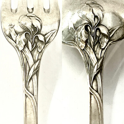 Gabel , Löffel Paar Jugendstil 950 Silber &quot;Louis Coignet“ Frankreich um 1900 Iris Decor Initialen AM,( 8 Paare vorhanden) high quality art nouveau 950 silver fork and spoon, iris flowers