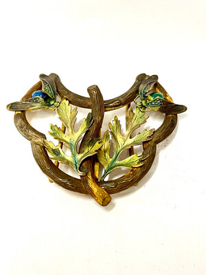 Belt buckle 2 parts Art Nouveau around 1900 France metal gold-plated colored with flying beetles
