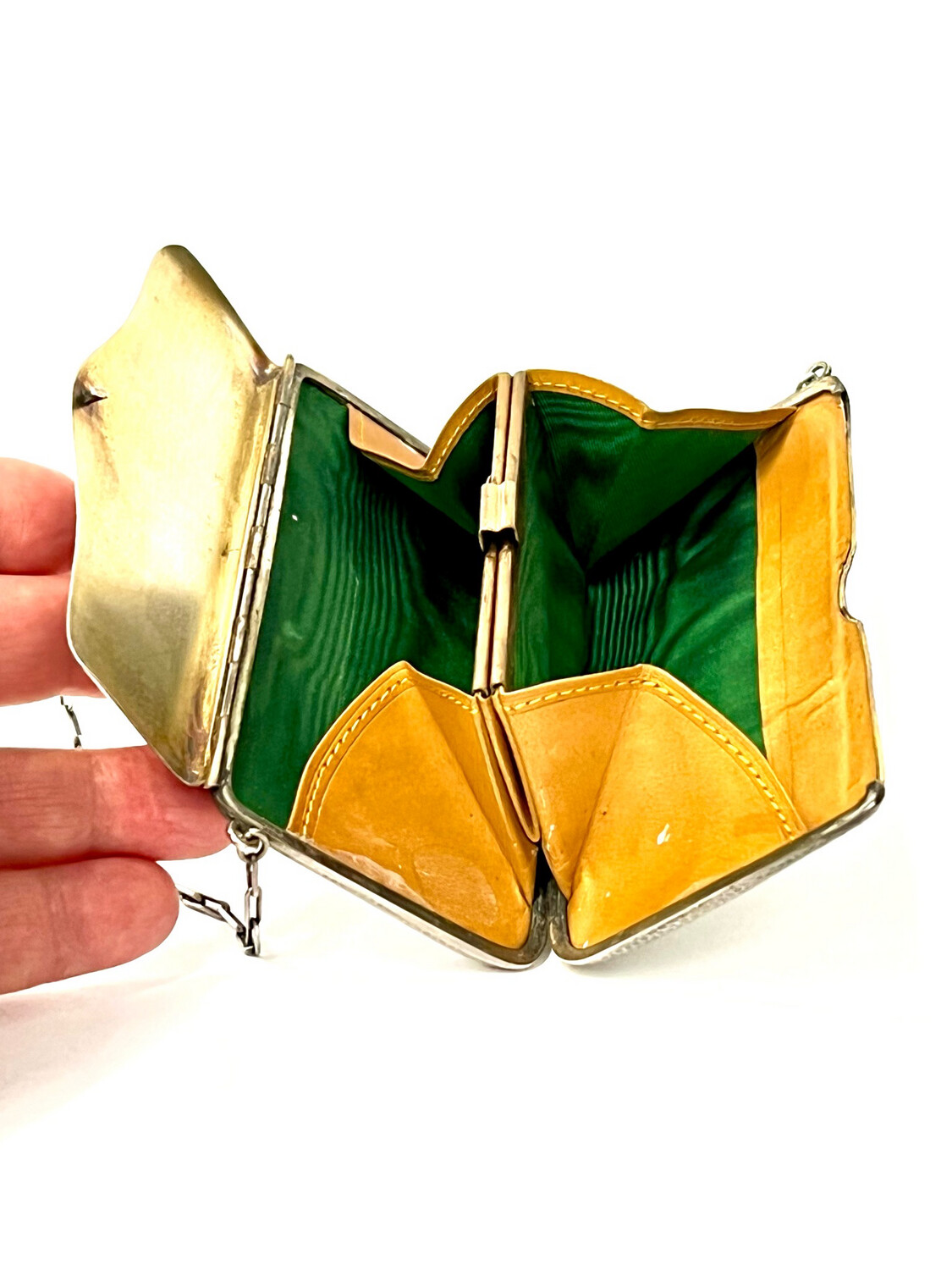 Portemonnaie Tasche 900 Silber , Leder Seide Saphir Cabochon Bruckmann &amp; Söhne Heilbronn um 1910 Deutschland, solid silver purse handbag german with green silk and leather, saphire clasp 