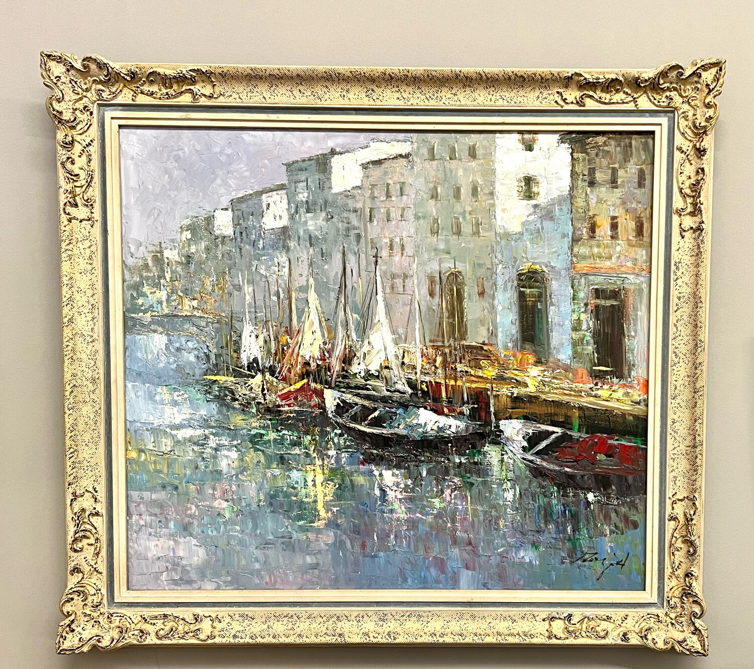Painting oil on canvas framed impressionistic, signature must be identified, approx. 40&#39;s/50&#39;s probably Martigue South of France, harbor view with houses on the canal and boats