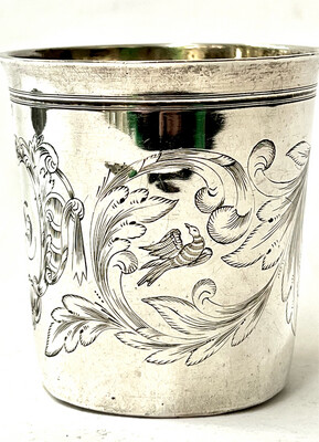 Becher Weinbecher, Taufbecher Silber inner vergoldet, graviertes Muster mit Vögeln, silver beaker christening mug with beautiful engraved design with birds