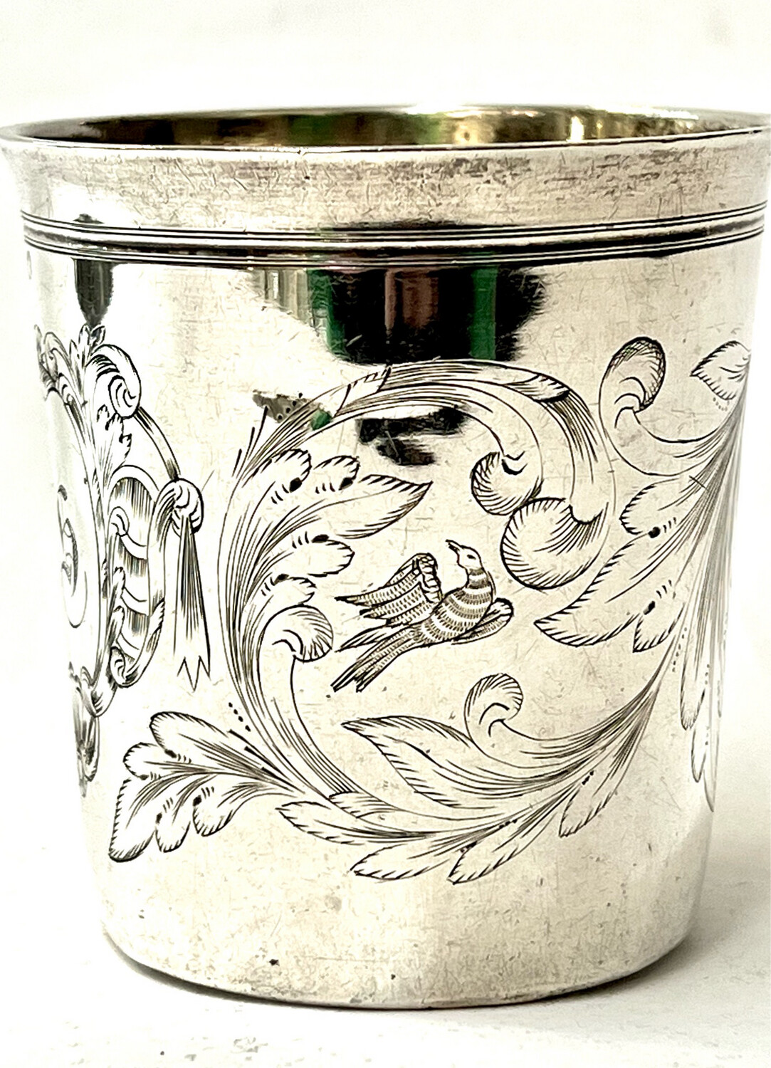 Becher Weinbecher, Taufbecher Silber inner vergoldet, graviertes Muster mit Vögeln, silver beaker christening mug with beautiful engraved design with birds