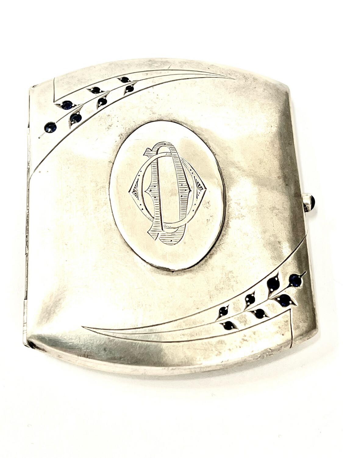 Zigarettenetui 800 Silber Deutschland um 1910 mit blauen Spinell Jugendstil innen vergoldet D.O., Silver German cigarette case decorated with blue spinels , gild inside with art nouveau inital