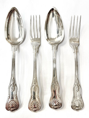 Paar Suppenlöffel , Paar Essgabeln 13 Lot Silber Deutschland 19.Jahrhundert Silberschmiede WCH&amp;S mit AH Initialen, 800 silver pair of soup spoons and pair of dinner forks Germany 19th century