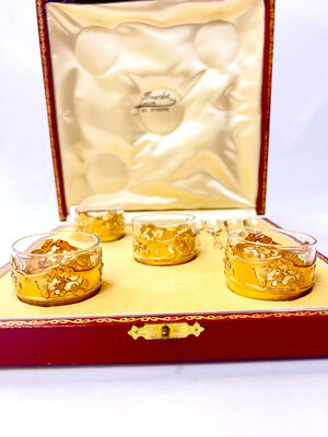 Salt dishes vessels with matching salt spoons 950 silver gold-plated Art Nouveau set of four in the original box France around 1900,