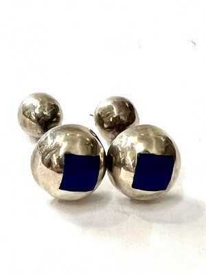 Cufflinks in Sterling 925 silver modernist round shape like dumbbells with blue enamel 