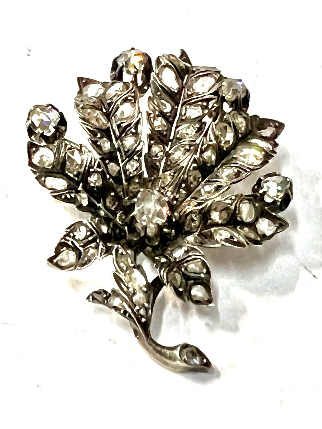 Brosche Silber / Gold Diamanten Rosenschliff um 1850 üppiger Blumenstrauß, victorian silver gold  brooch set with rose cut diamonds in the shape of a flower bouquet 