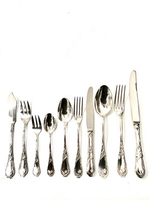 Besteck komplett für 12 Personen jeweils 10 Teile plus 4 Vorlegeteile versilbert Jugendstil Frankreich , complete french silverplated cutlery for 12 people art nouveau 124 pieces