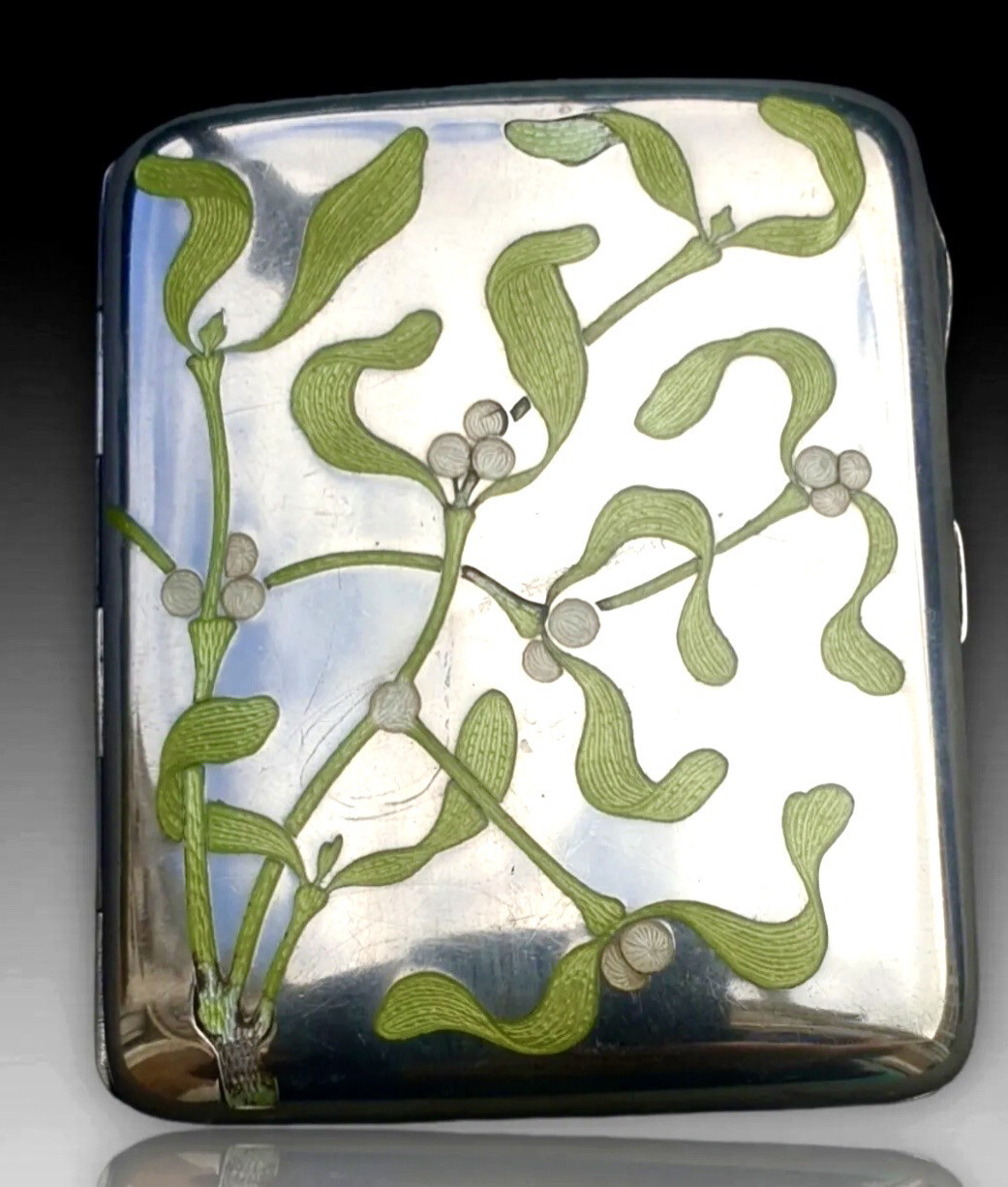 Cigaret case art nouveau silver and enamel mistletoe design Germany Pforzheim ca.1900 by Louis Kuppenheim 