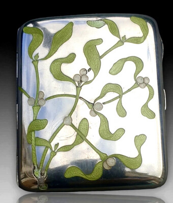 Cigaret case art nouveau silver and enamel mistletoe design Germany Pforzheim ca.1900 by Louis Kuppenheim 