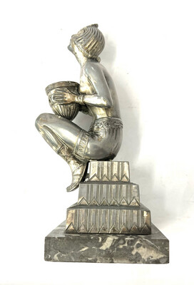 Sculpture of an Art Deco Lady incense burner Perfum &quot;brule perfum&quot; silver-plated metal marble base , international World&#39;s Fair
