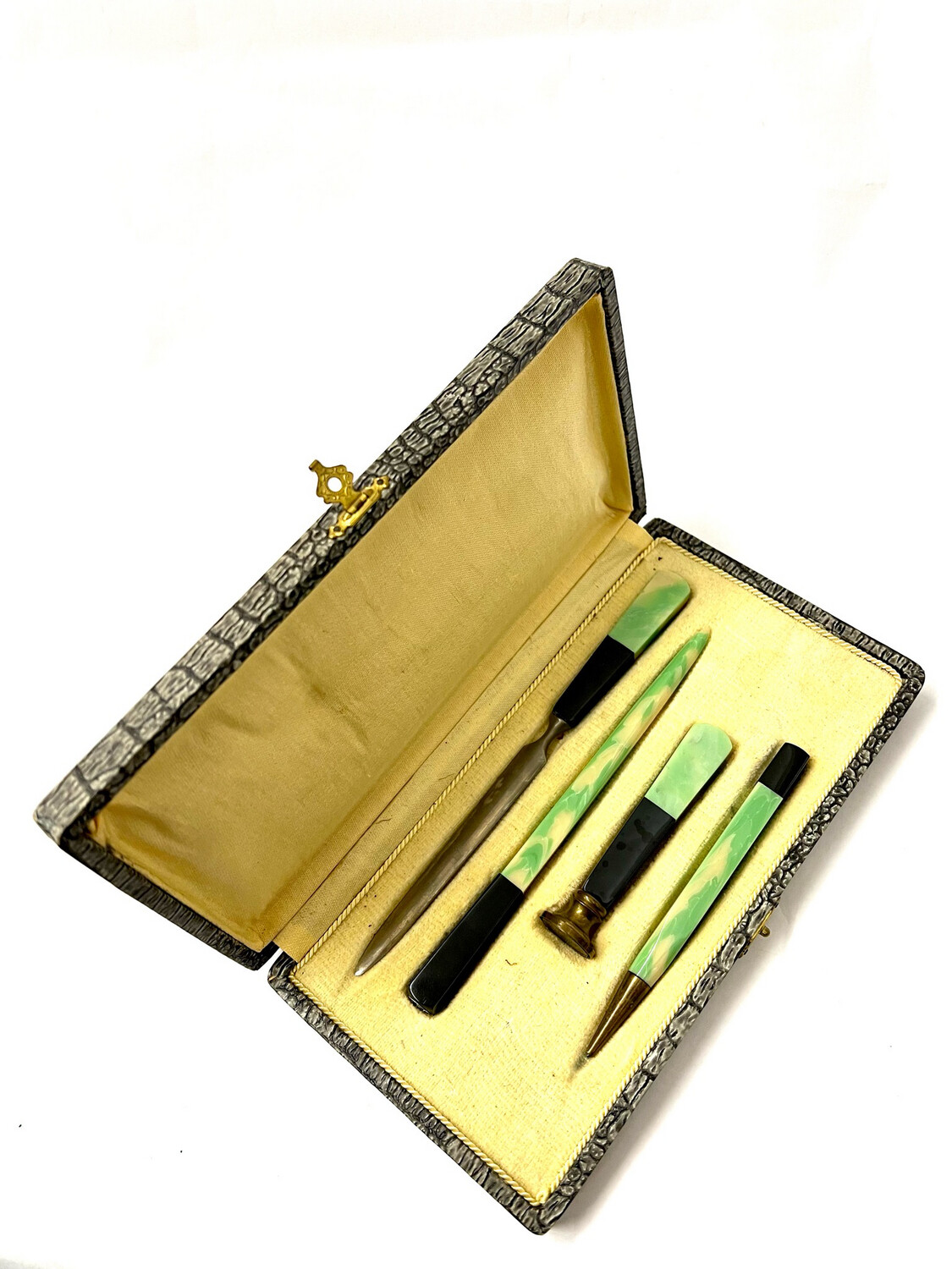 Writing set 4 pieces green colorful marbled Bakelite pencil, ink pen, letter opener seal in original case