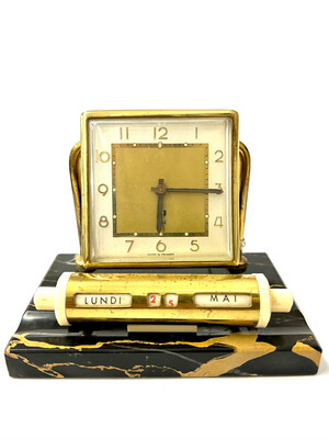 Alarm clock Jaz France around 1950 with perpetual calendar on a marble base