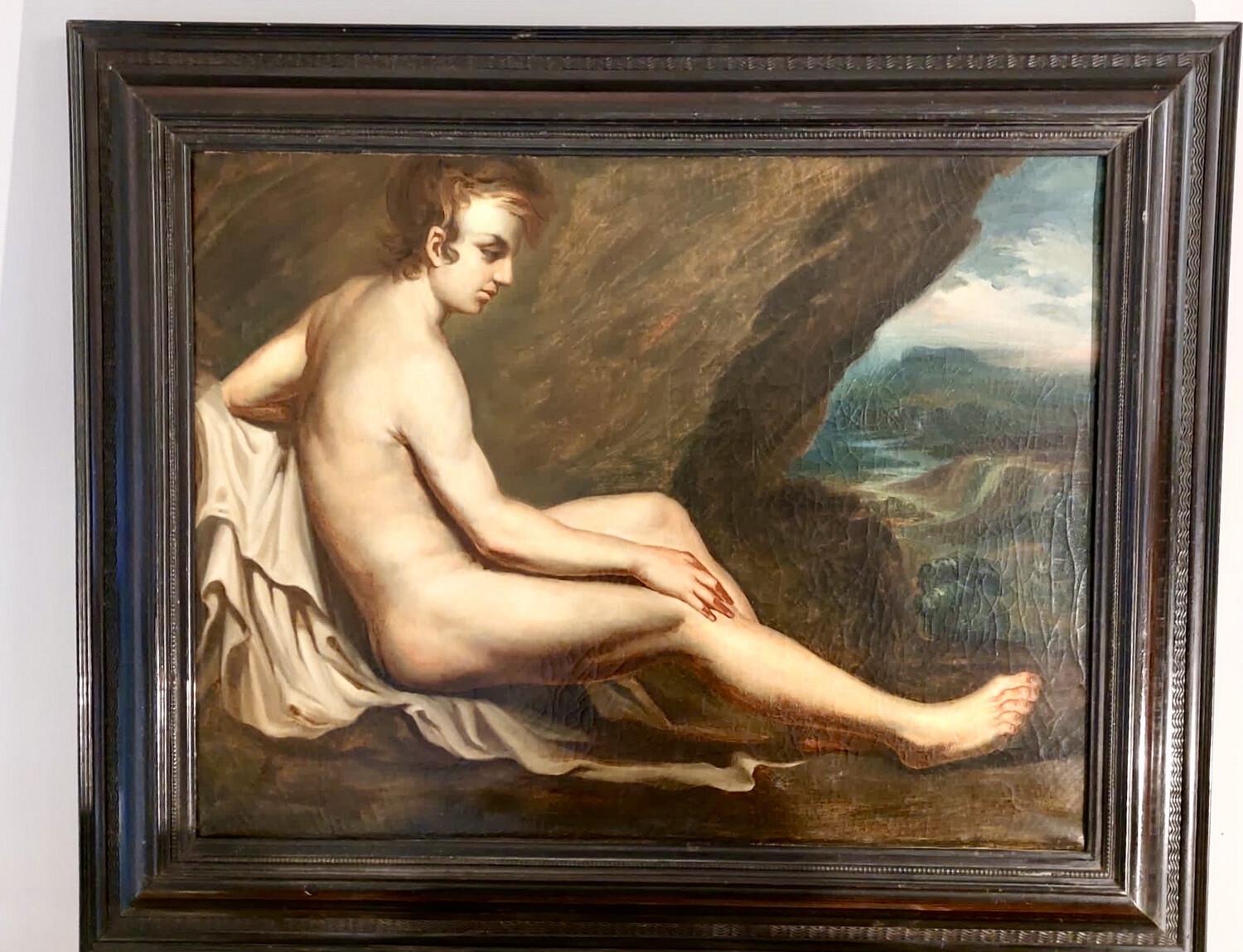 Painting oil on canvas 17th century Diogenes Bacchus, framed