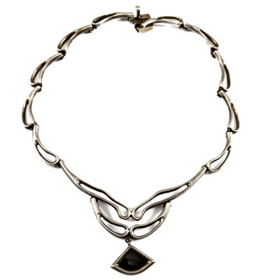 Necklace Art Deco Sterling 925 Silver Mexico Mexico Taxco with Onyx suspension 