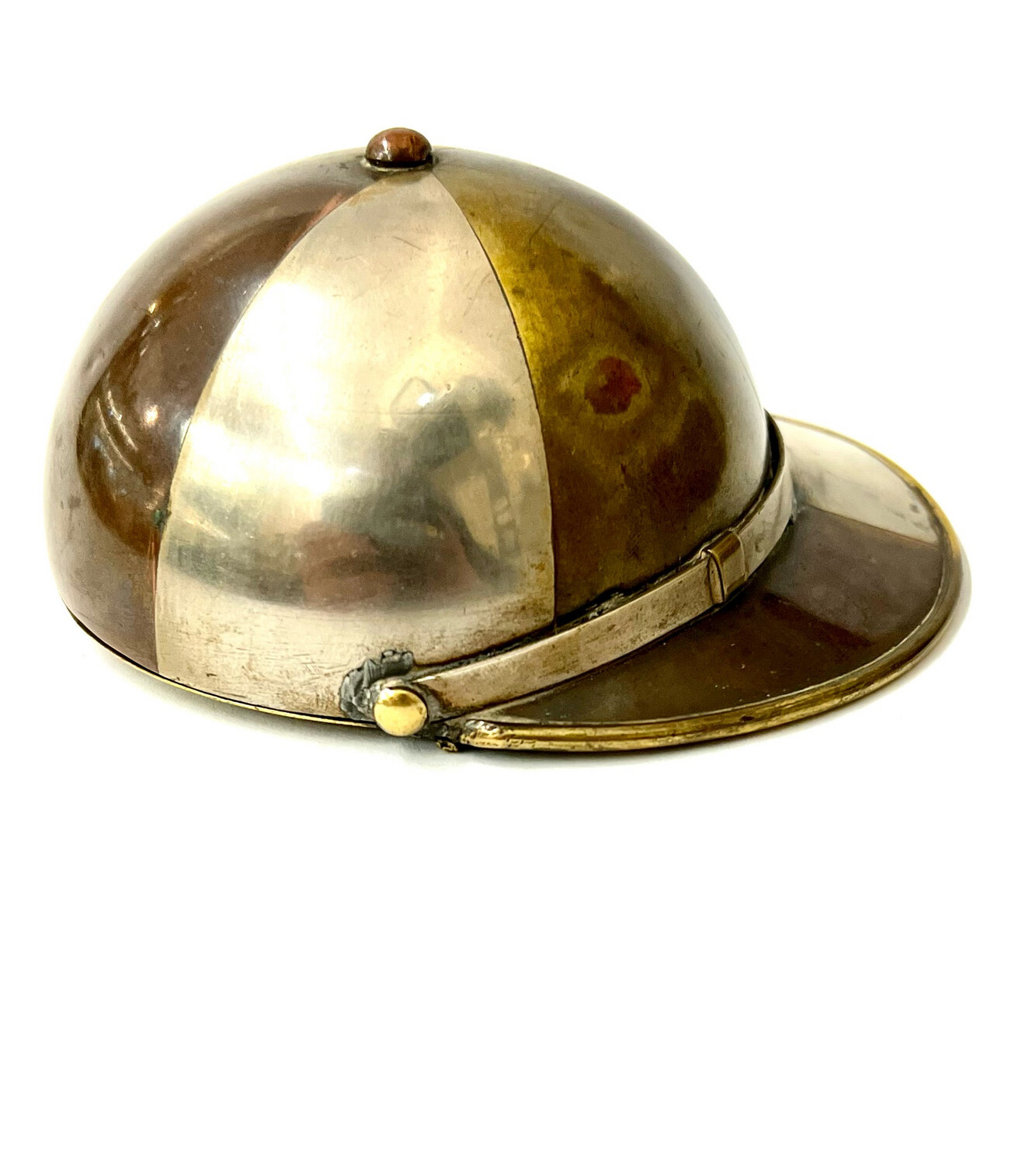 Tobacco box in the shape of a jockey cap hat cap around 1900 curiosity brass