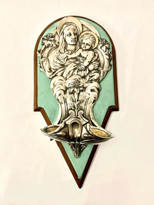 Holy water vessel basin Benetiere for the wall France around 1900 Art Nouveau silver-plated metal on copper, Virgin Mary with baby Jesus Christ