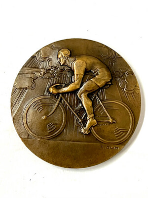 Medal bicycle theme, bronze, France Art deco, 1920s, signed by artist medalist engraver Eduard Blin