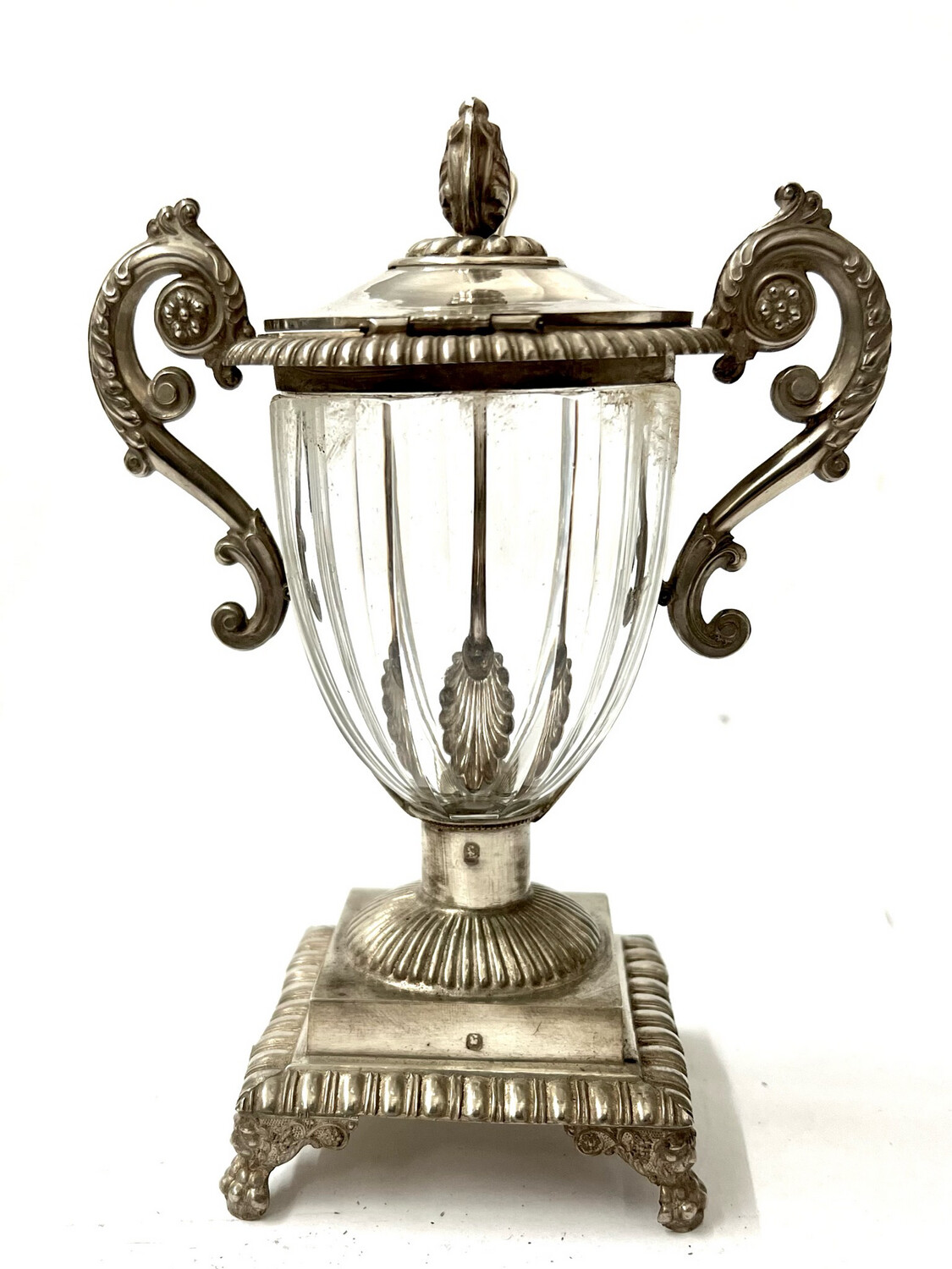 Mustard pot vessel 950 silver with glass France antique 19.Jahrhundert around 1840 with spoon