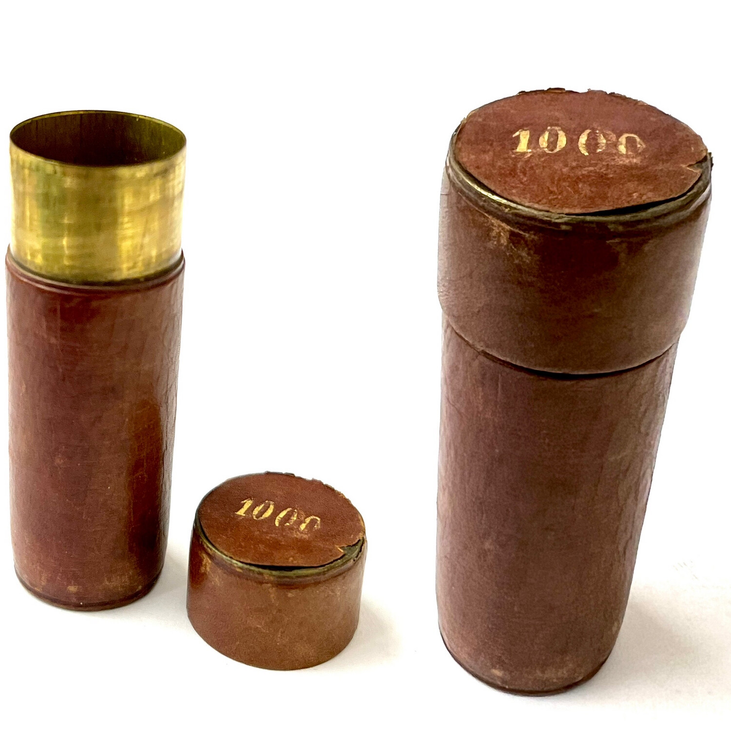 Coin case for gold coins , louis d’or sovereigns , brass covered with leather, large size, 19th century marked 1000
