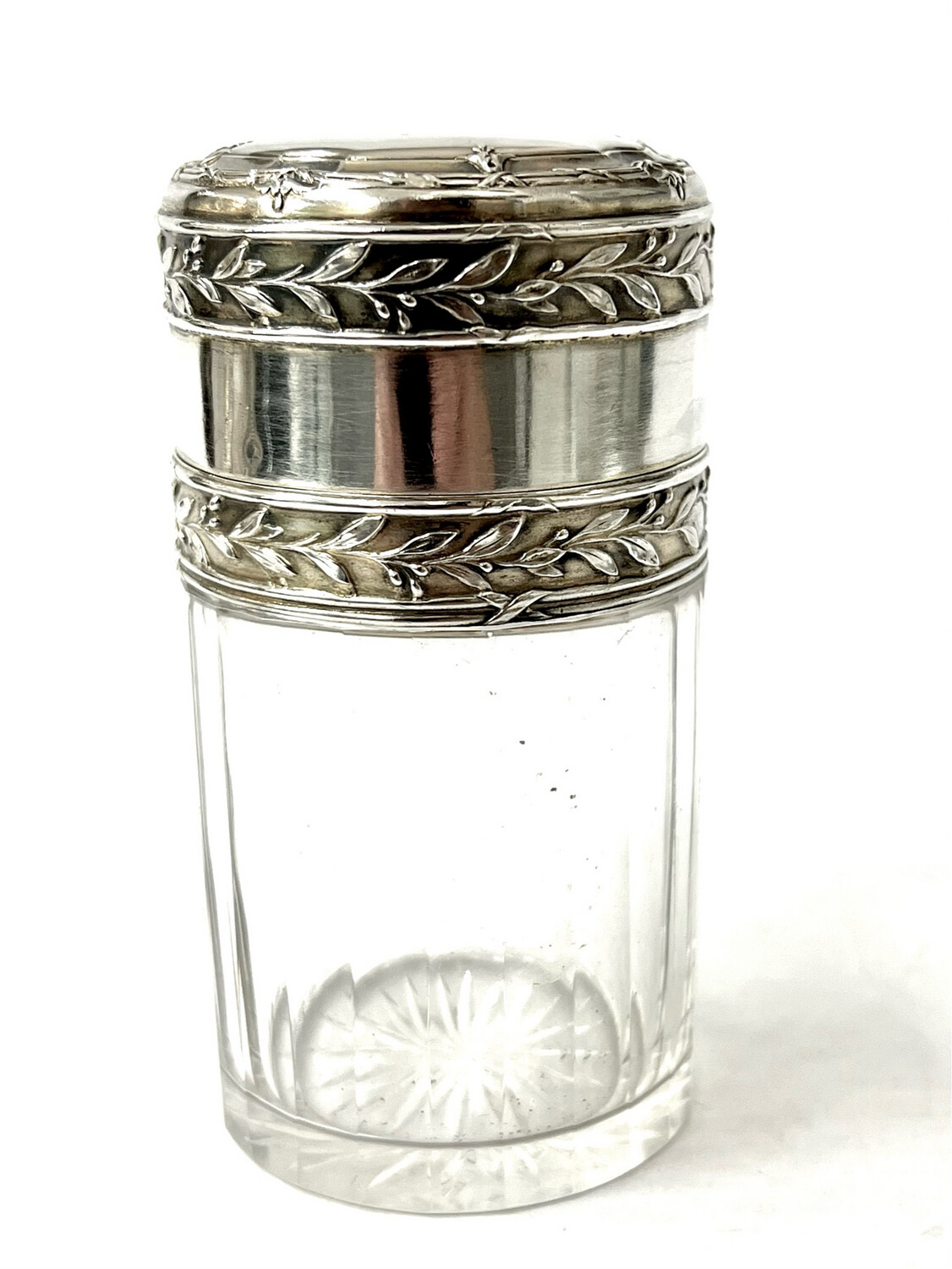 Glass jar bottle with 950 silver top gilded inside Art Nouveau leaf decor pattern, great quality, ca. 1900 France