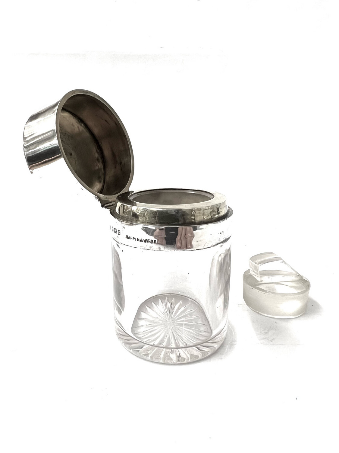 Glass jar bottle with glass stopper 925 sterling silver glass England 1915 Mappin &amp; Webb to preserve aroma or spices