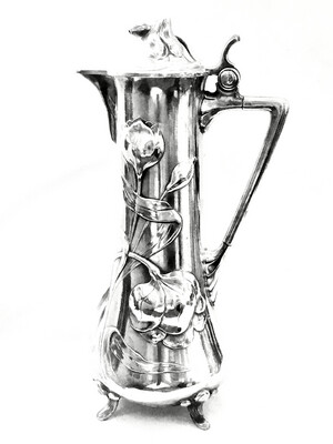 WMF decanter , jug with lid Jugendstil silverplated ca. 1905 art nouveau silver plated jug with lid raised iris design signed German