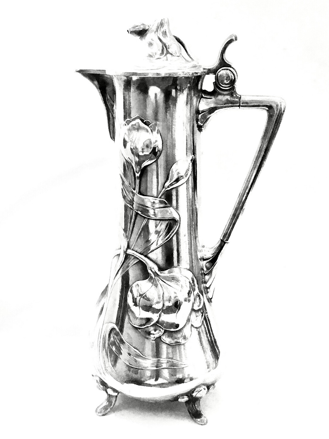 WMF decanter , jug with lid Jugendstil silverplated ca. 1905 art nouveau silver plated jug with lid raised iris design signed German