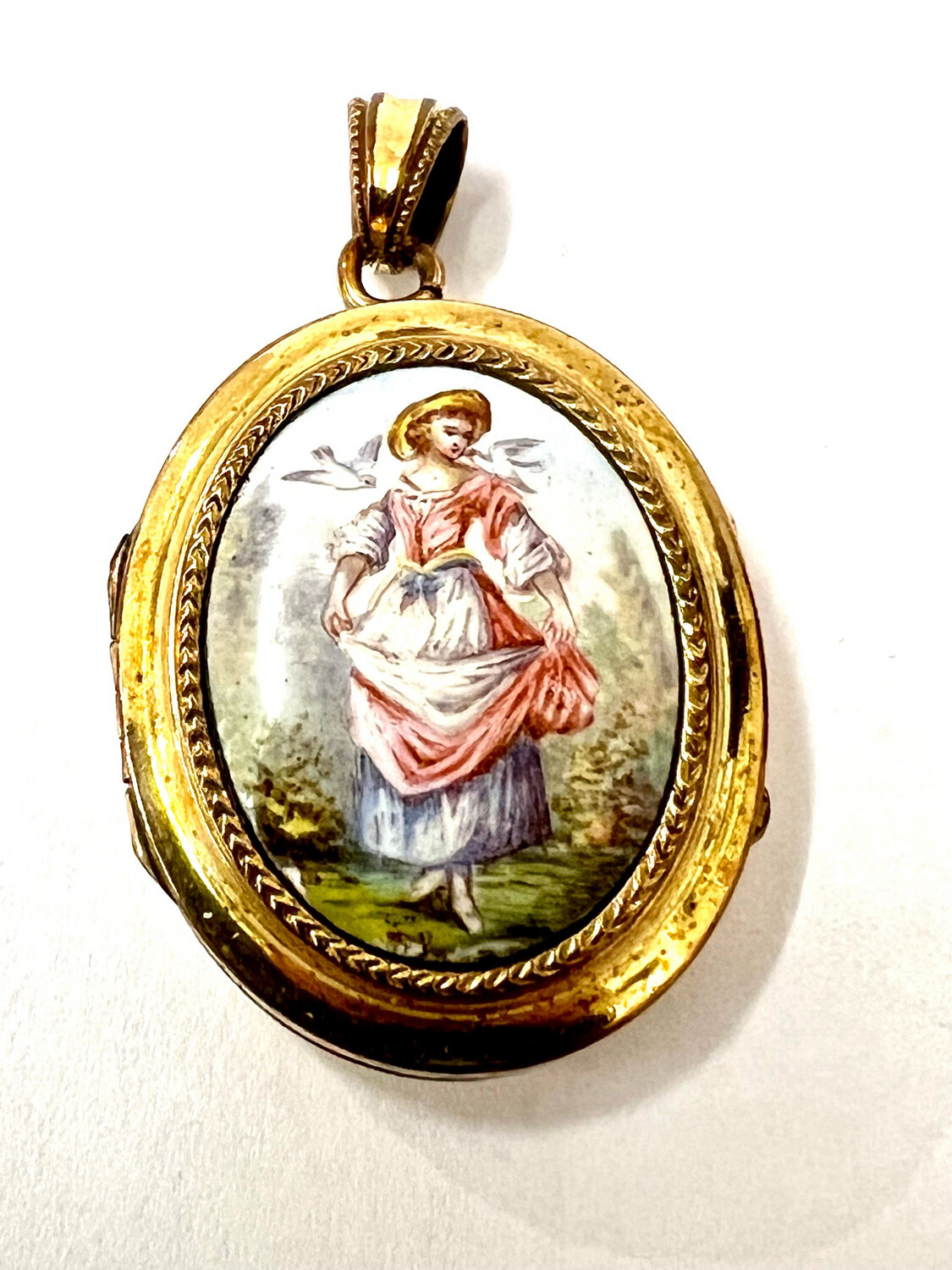 Medaillon zum Öffnen Gold Doublé oval Walzgold mit Email Bild Tauben mit einer Maid um 1880  für Fotos 