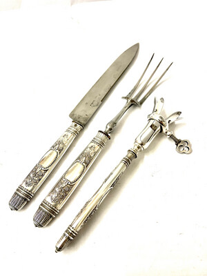 Carving set cutlery with matching bone holder around 1880 silver handles with steel blade France in the Empire style